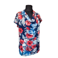 Bluzka kimono z luźnym dekoltem - granatowa czerwone kwiaty